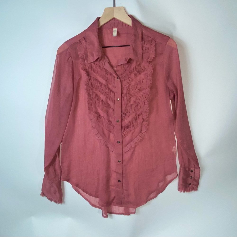 Free People Sheer Ruffle Tuxedo Button Down Shirt SZ M Medium - Picture 6 of 6
